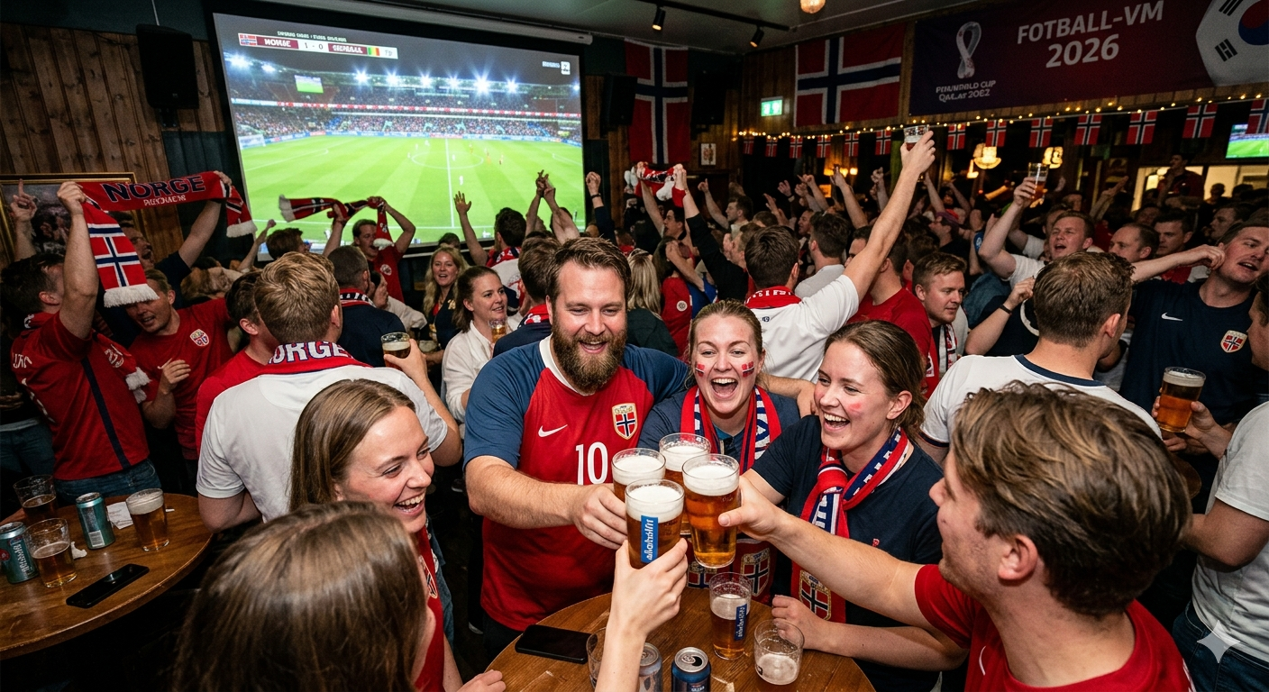 Fotballfans på pub som skåler med ølglass foran en storskjerm som viser fotballkamp under VM.